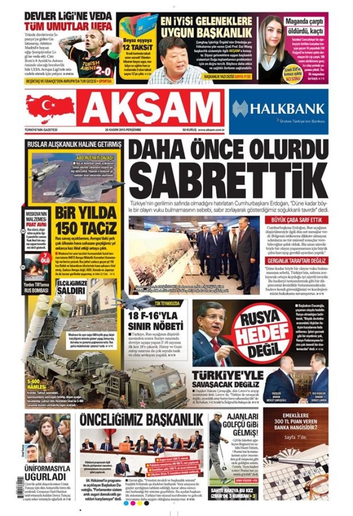 26 Kasım 2015 gazete manşetleri