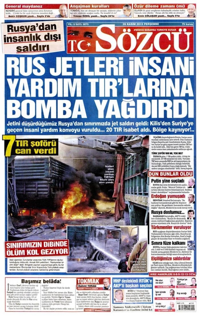 26 Kasım 2015 gazete manşetleri