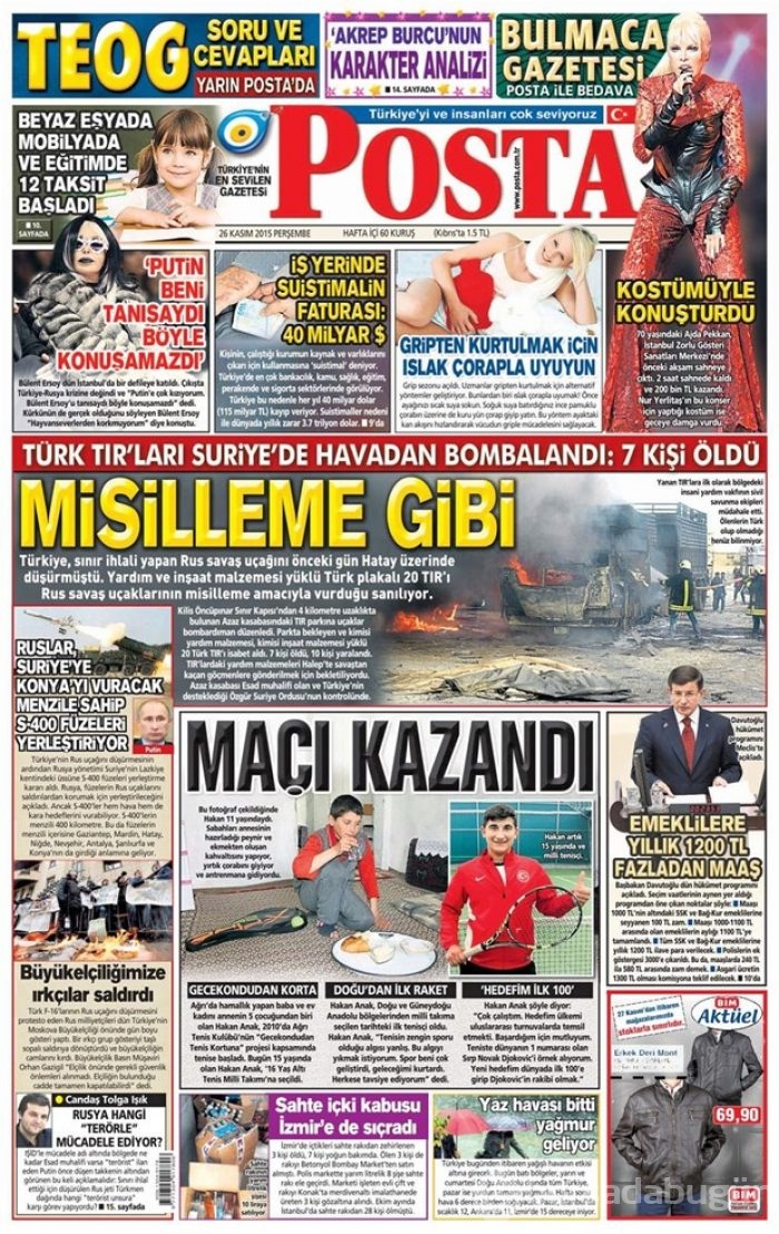 26 Kasım 2015 gazete manşetleri
