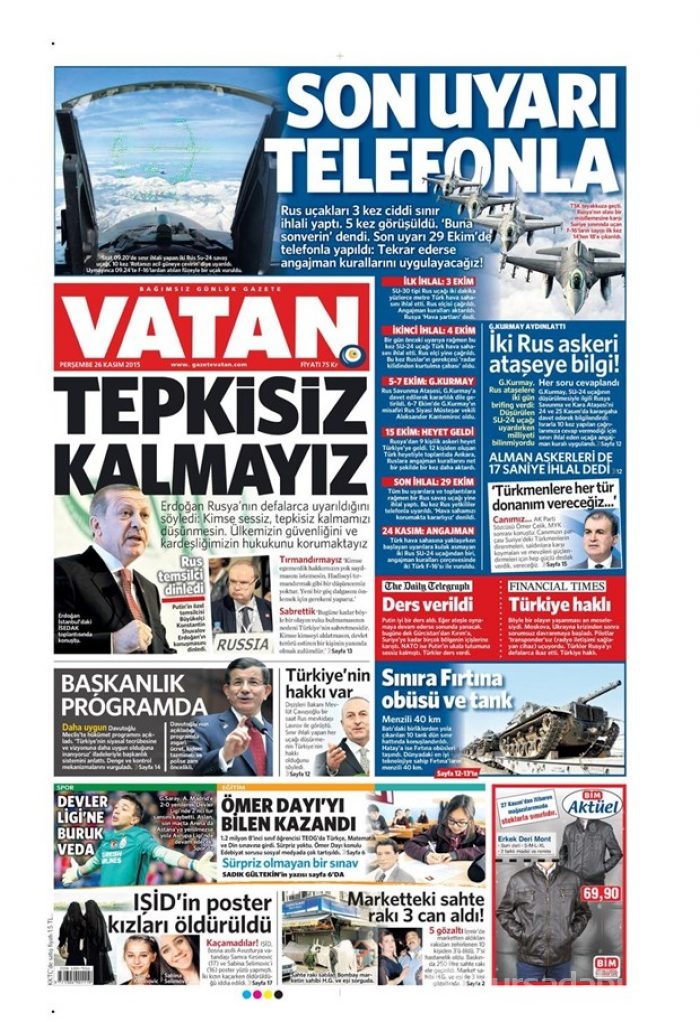 26 Kasım 2015 gazete manşetleri