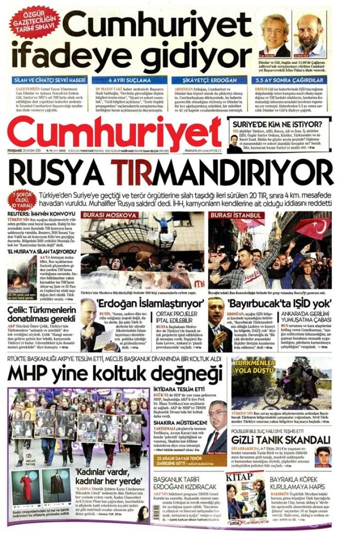 26 Kasım 2015 gazete manşetleri