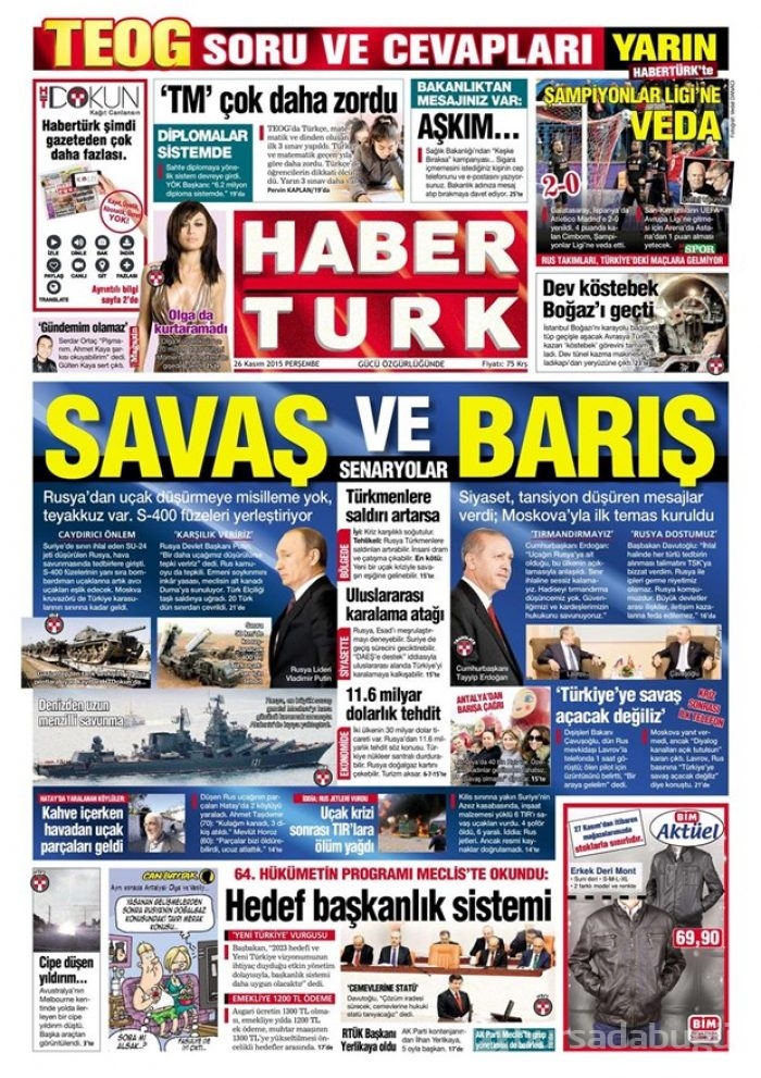 26 Kasım 2015 gazete manşetleri