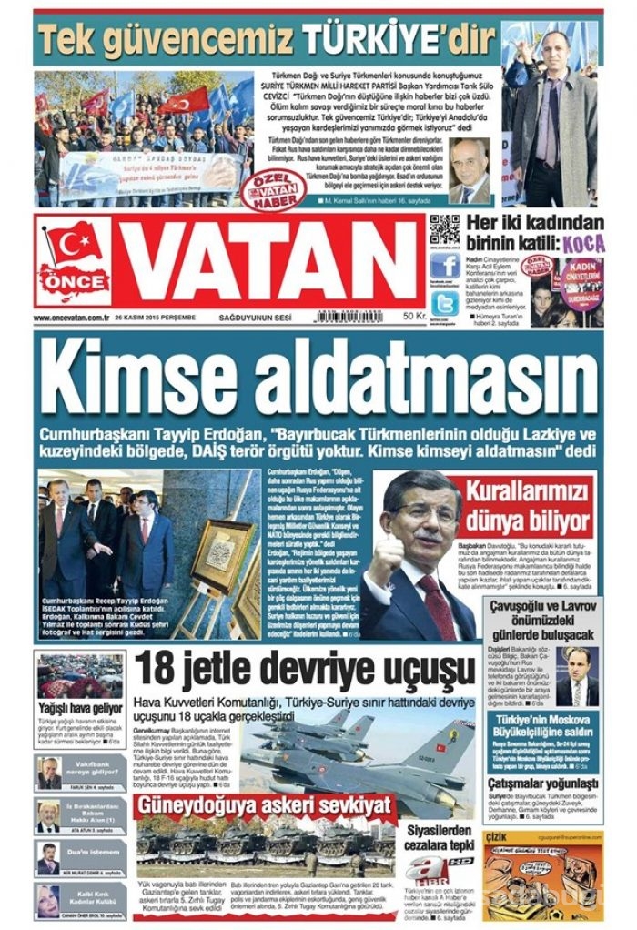 26 Kasım 2015 gazete manşetleri