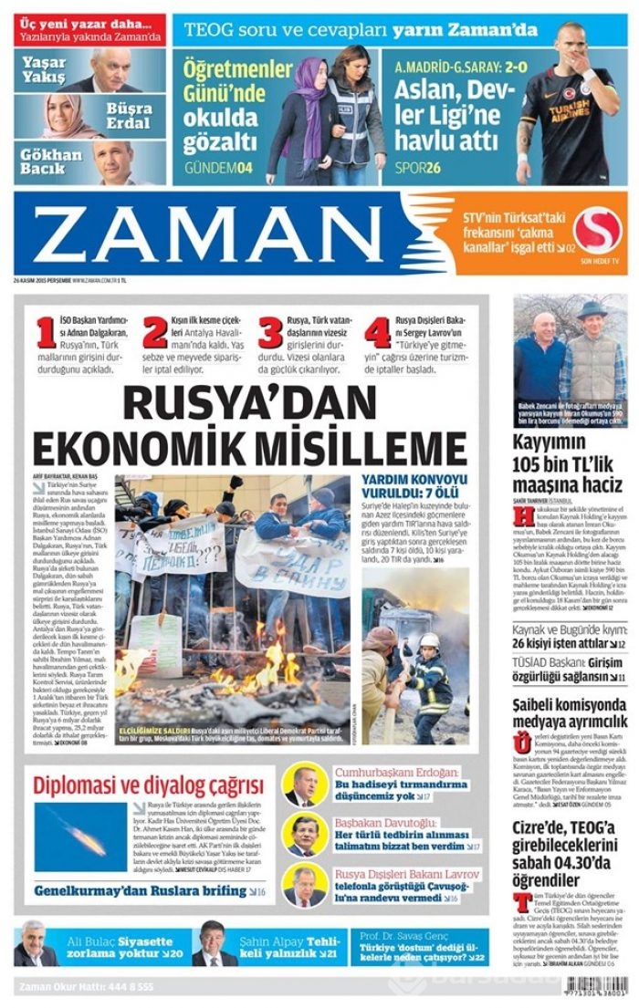 26 Kasım 2015 gazete manşetleri