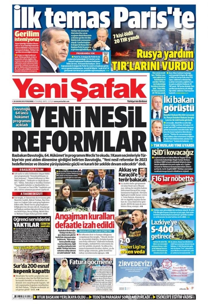 26 Kasım 2015 gazete manşetleri