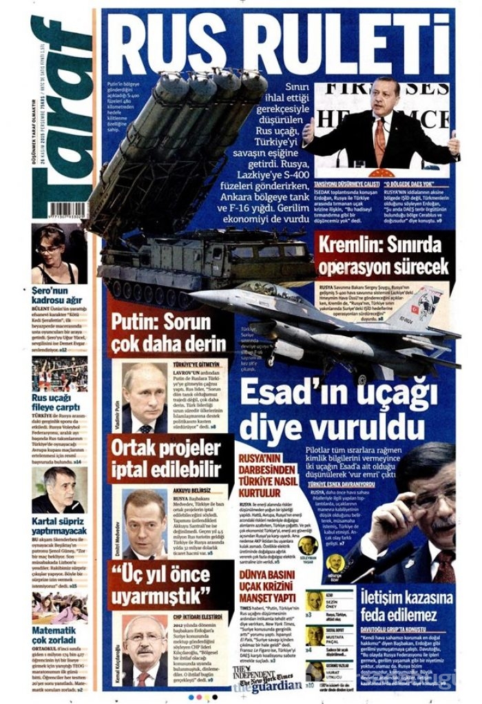 26 Kasım 2015 gazete manşetleri