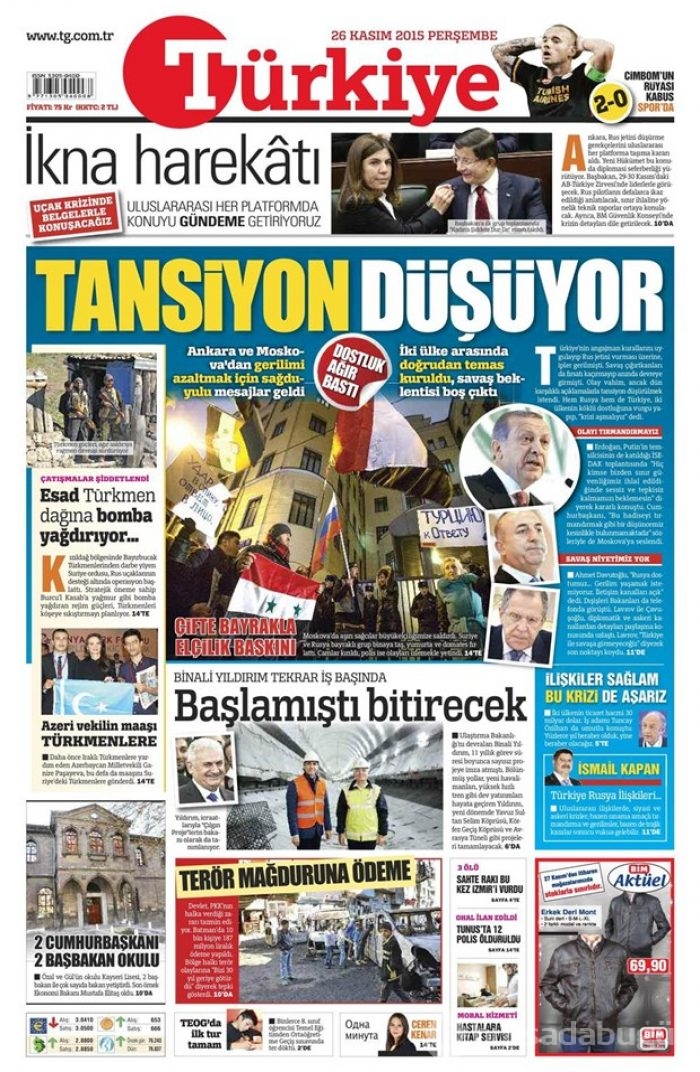 26 Kasım 2015 gazete manşetleri