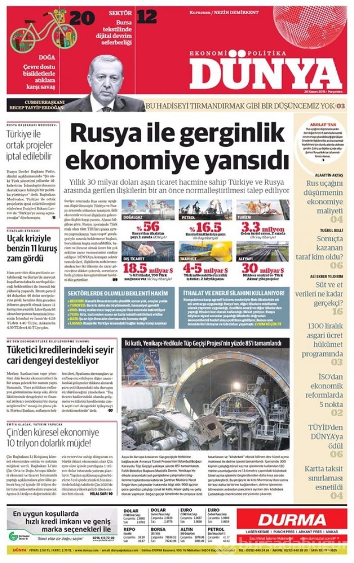 26 Kasım 2015 gazete manşetleri