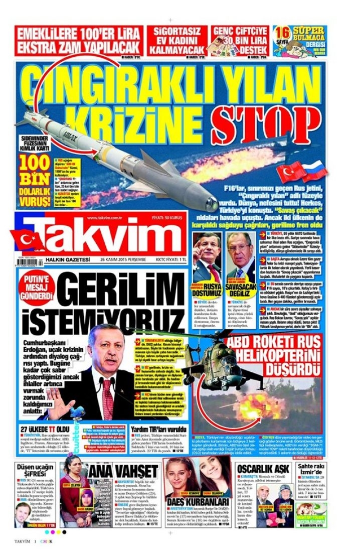 26 Kasım 2015 gazete manşetleri