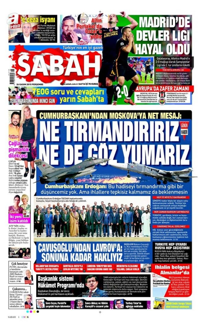 26 Kasım 2015 gazete manşetleri