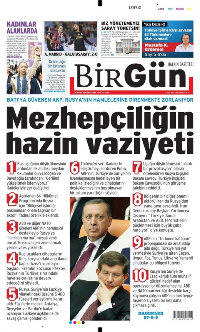 26 Kasım 2015 gazete manşetleri