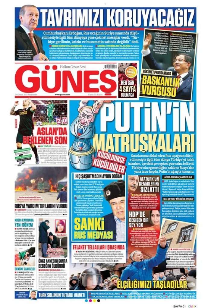 26 Kasım 2015 gazete manşetleri