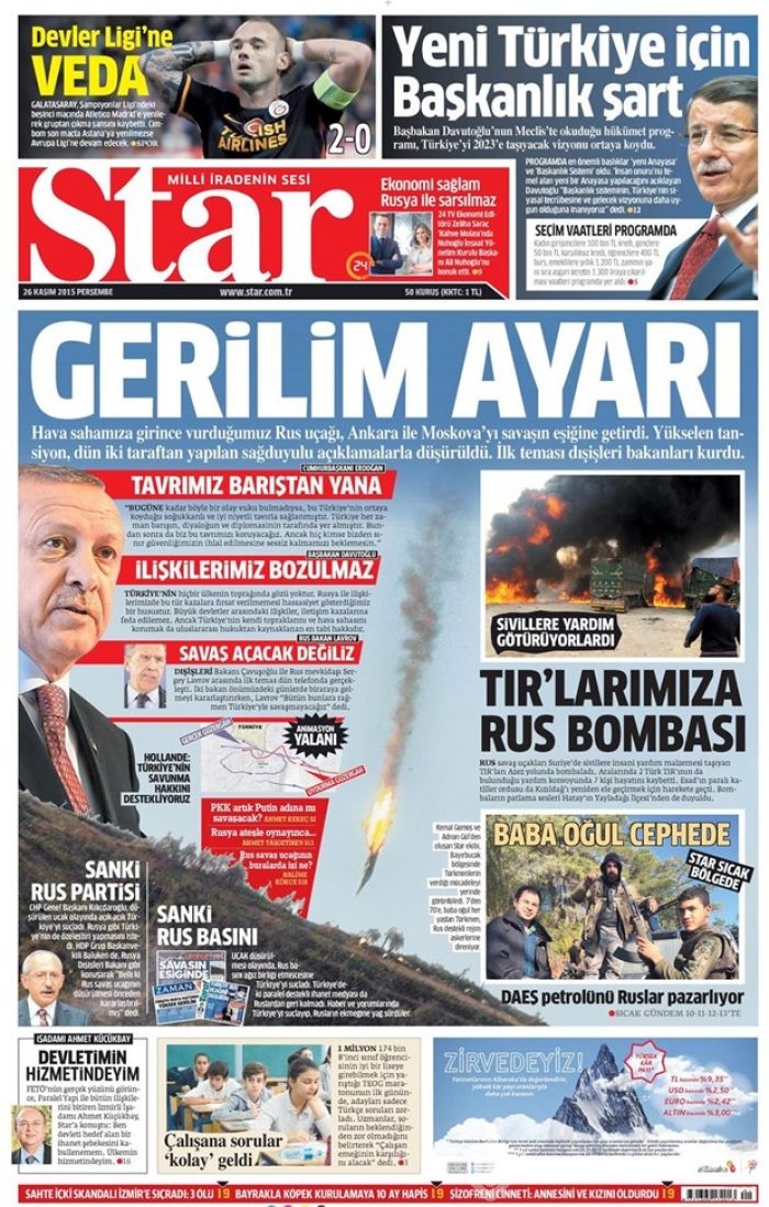 26 Kasım 2015 gazete manşetleri
