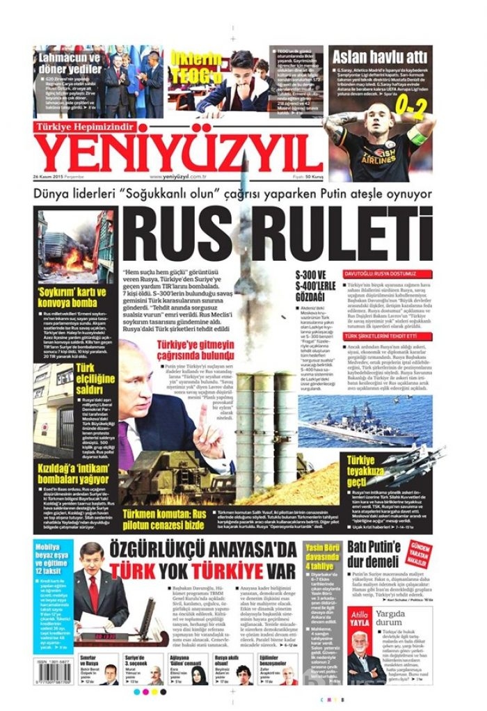 26 Kasım 2015 gazete manşetleri