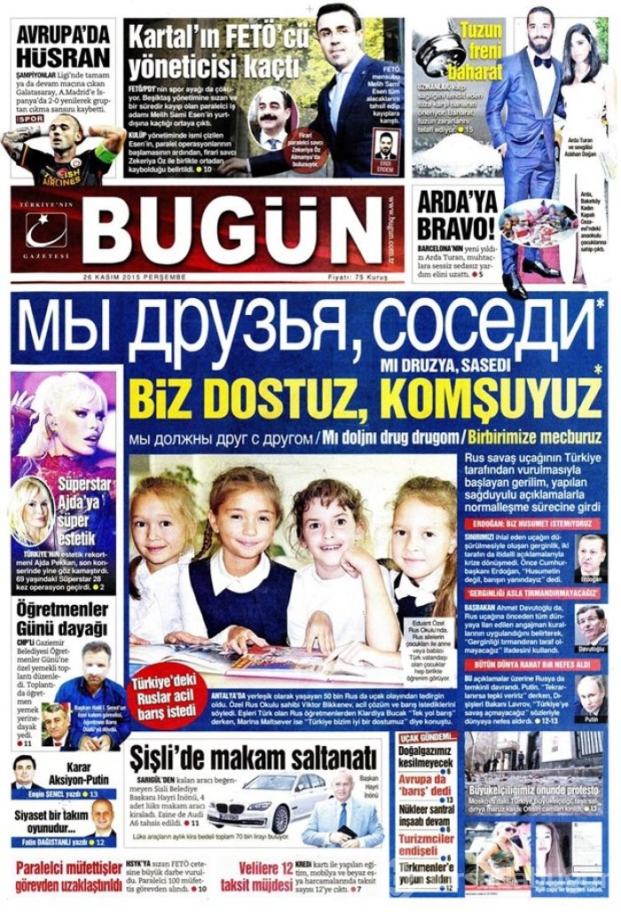26 Kasım 2015 gazete manşetleri