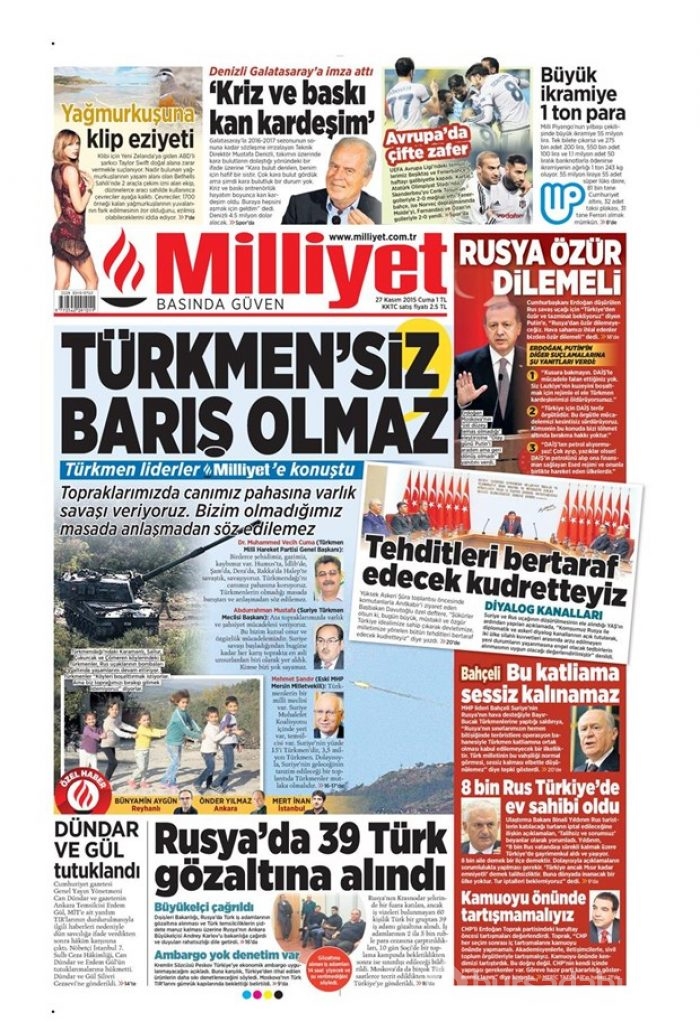 27 Kasım 2015 gazete manşetleri