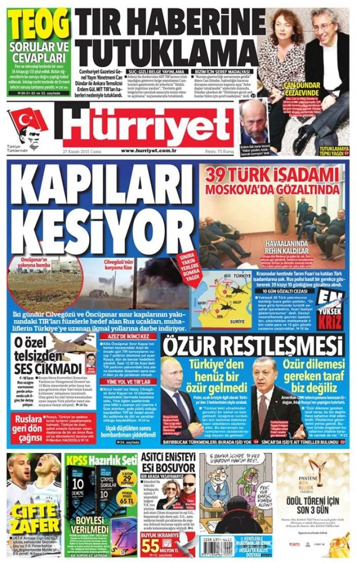 27 Kasım 2015 gazete manşetleri