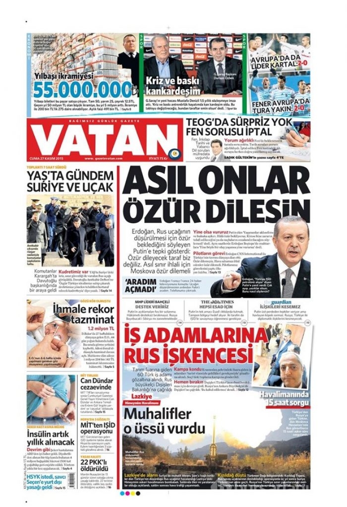 27 Kasım 2015 gazete manşetleri
