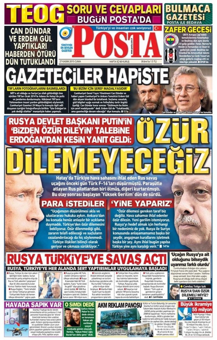27 Kasım 2015 gazete manşetleri