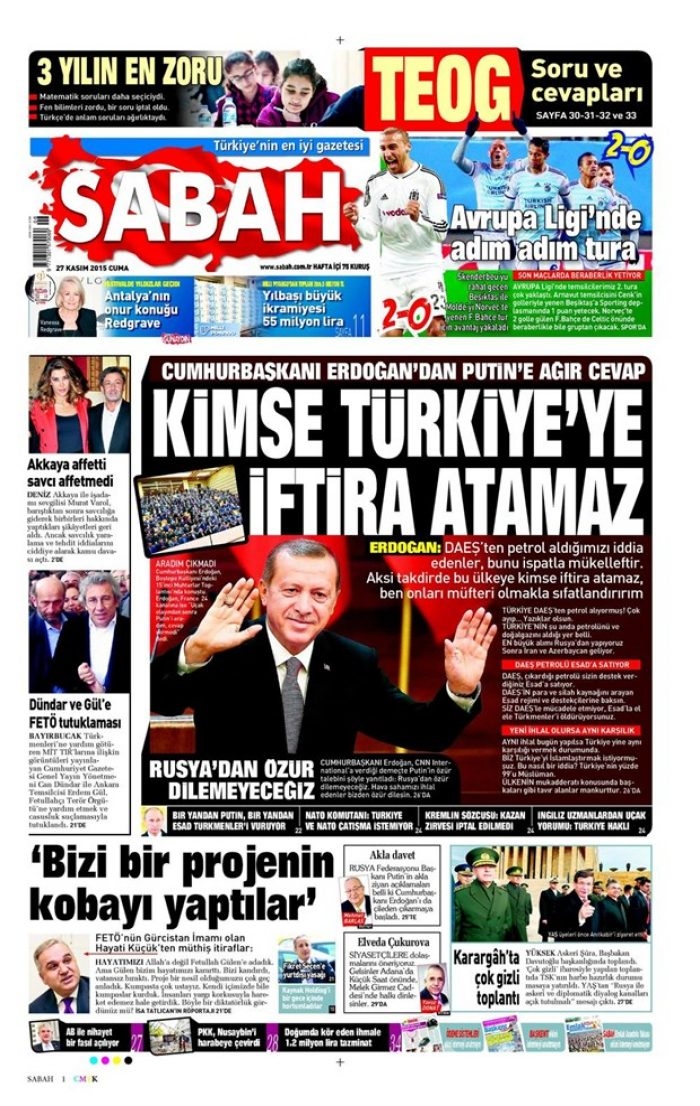 27 Kasım 2015 gazete manşetleri