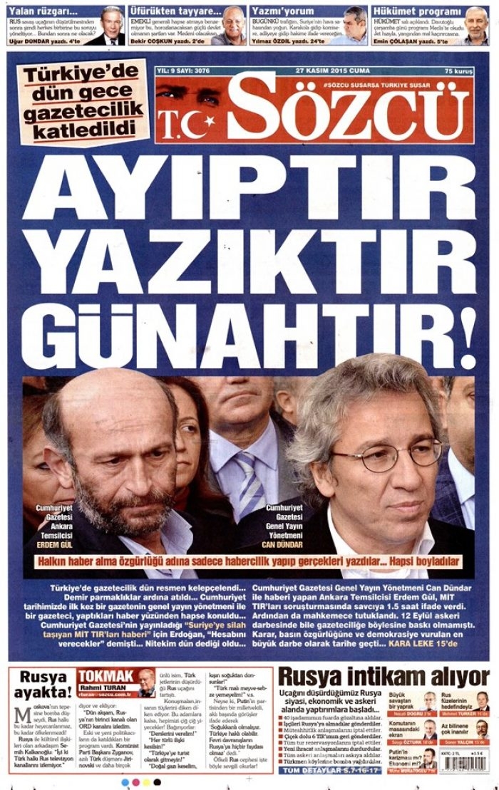 27 Kasım 2015 gazete manşetleri