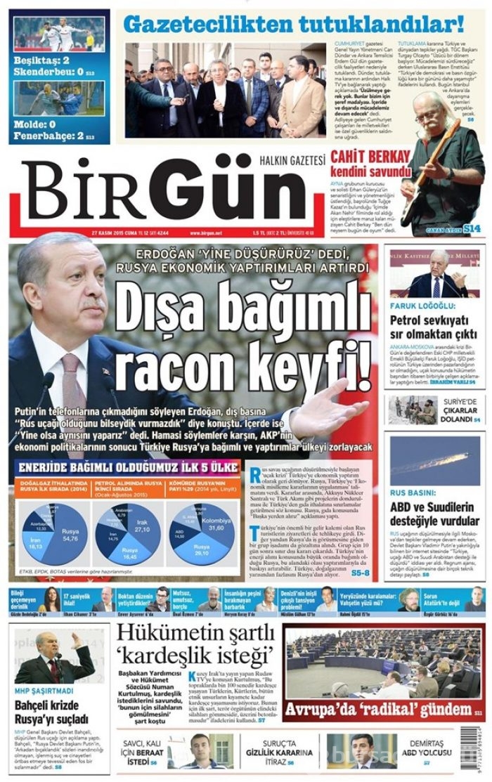 27 Kasım 2015 gazete manşetleri