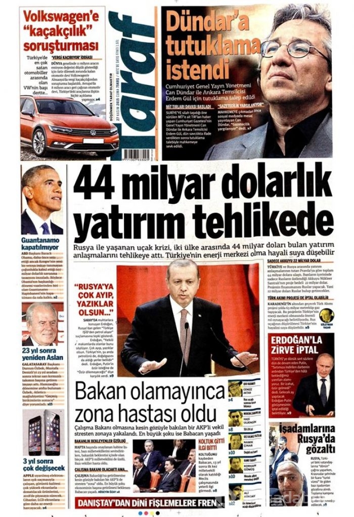 27 Kasım 2015 gazete manşetleri