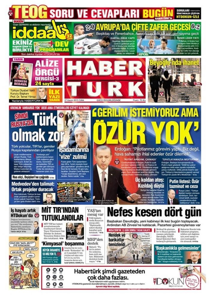 27 Kasım 2015 gazete manşetleri