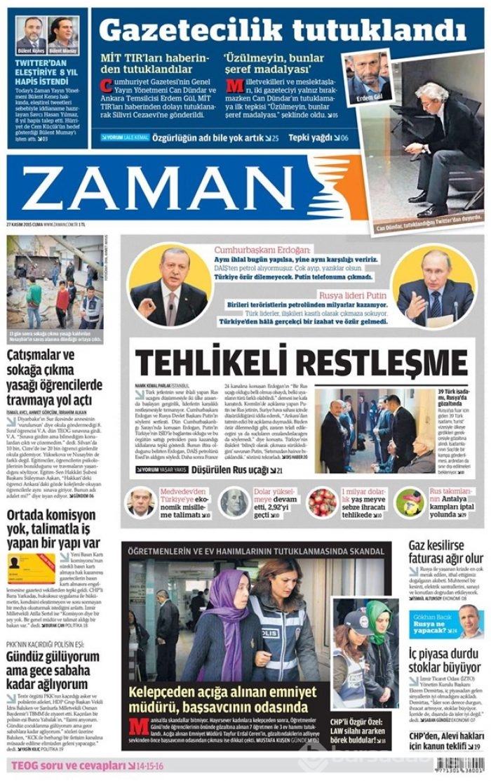27 Kasım 2015 gazete manşetleri