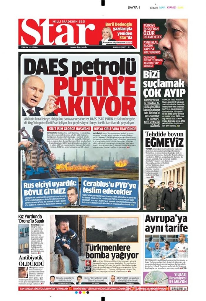 27 Kasım 2015 gazete manşetleri