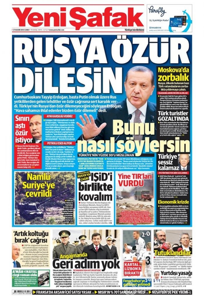 27 Kasım 2015 gazete manşetleri
