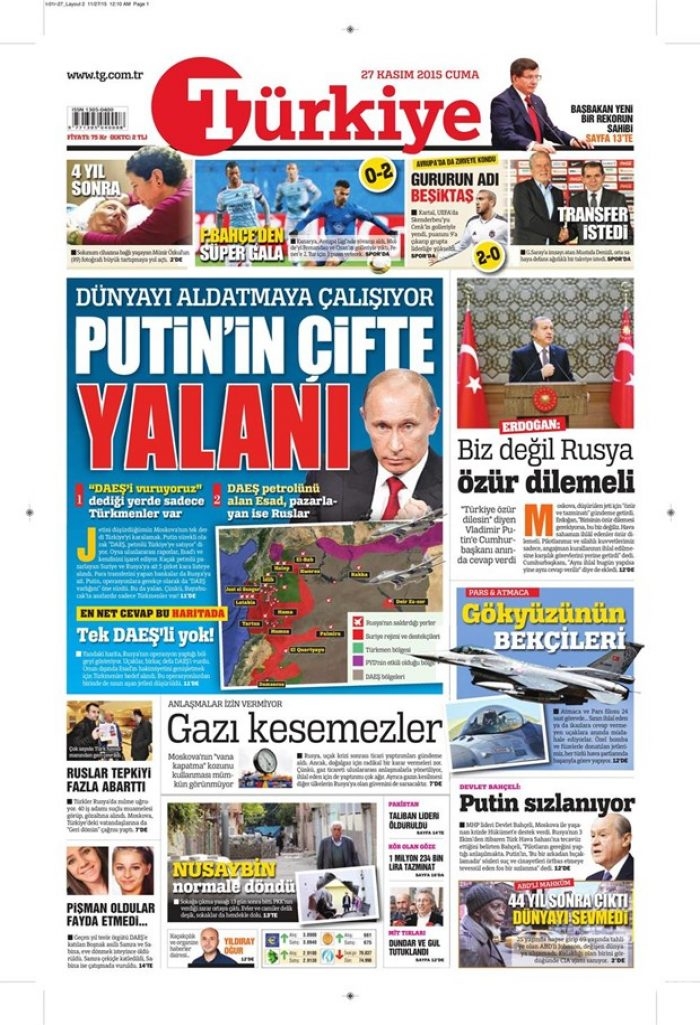 27 Kasım 2015 gazete manşetleri