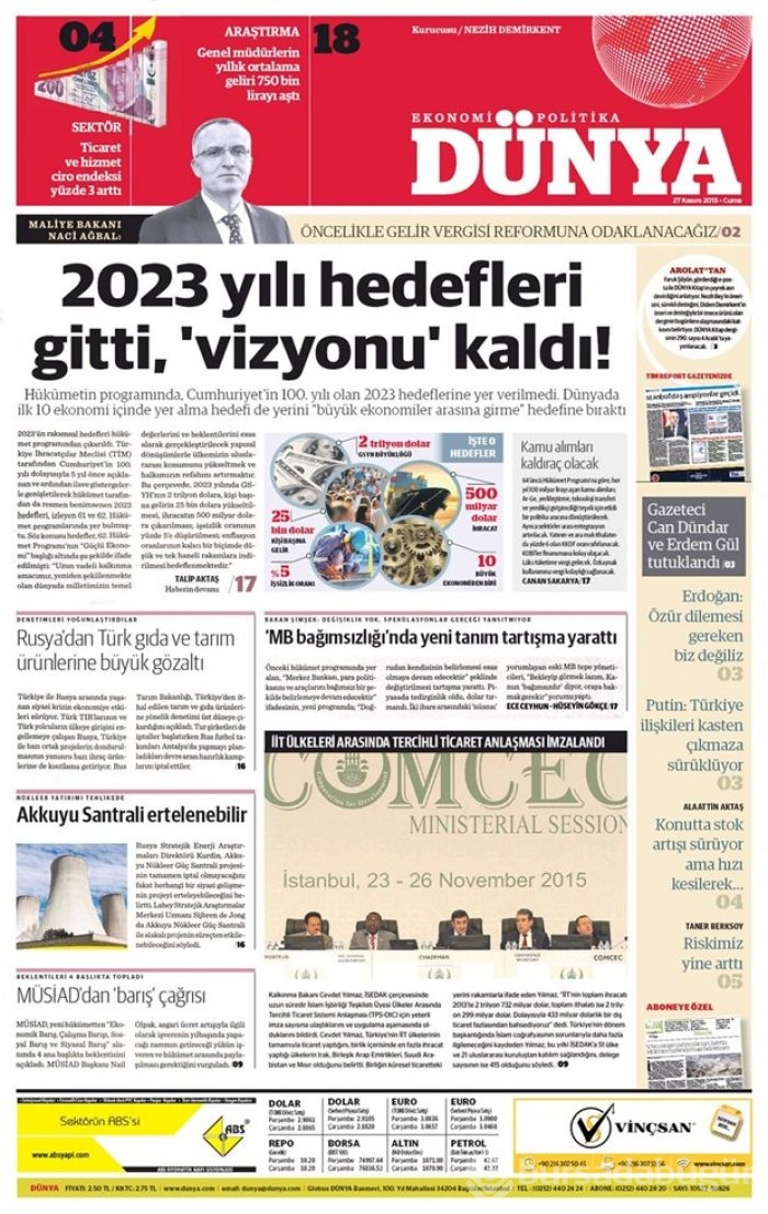 27 Kasım 2015 gazete manşetleri
