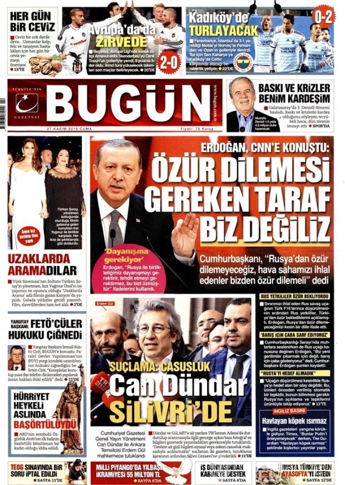 27 Kasım 2015 gazete manşetleri
