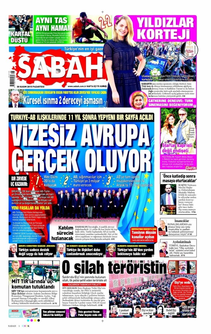 Gazete manşetleri (30 Kasım 2015)