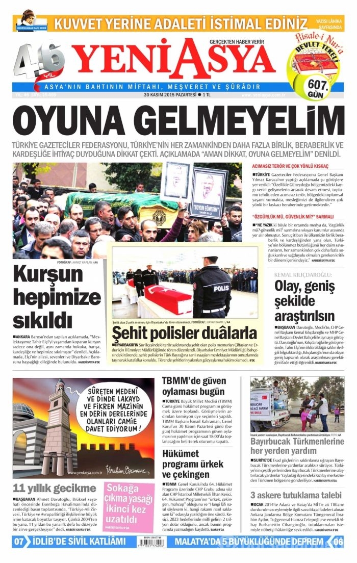 Gazete manşetleri (30 Kasım 2015)