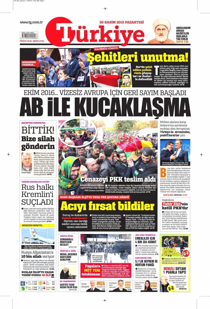 Gazete manşetleri (30 Kasım 2015)