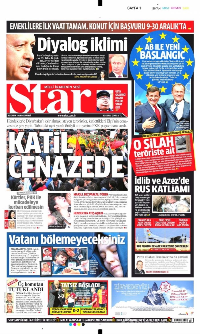 Gazete manşetleri (30 Kasım 2015)