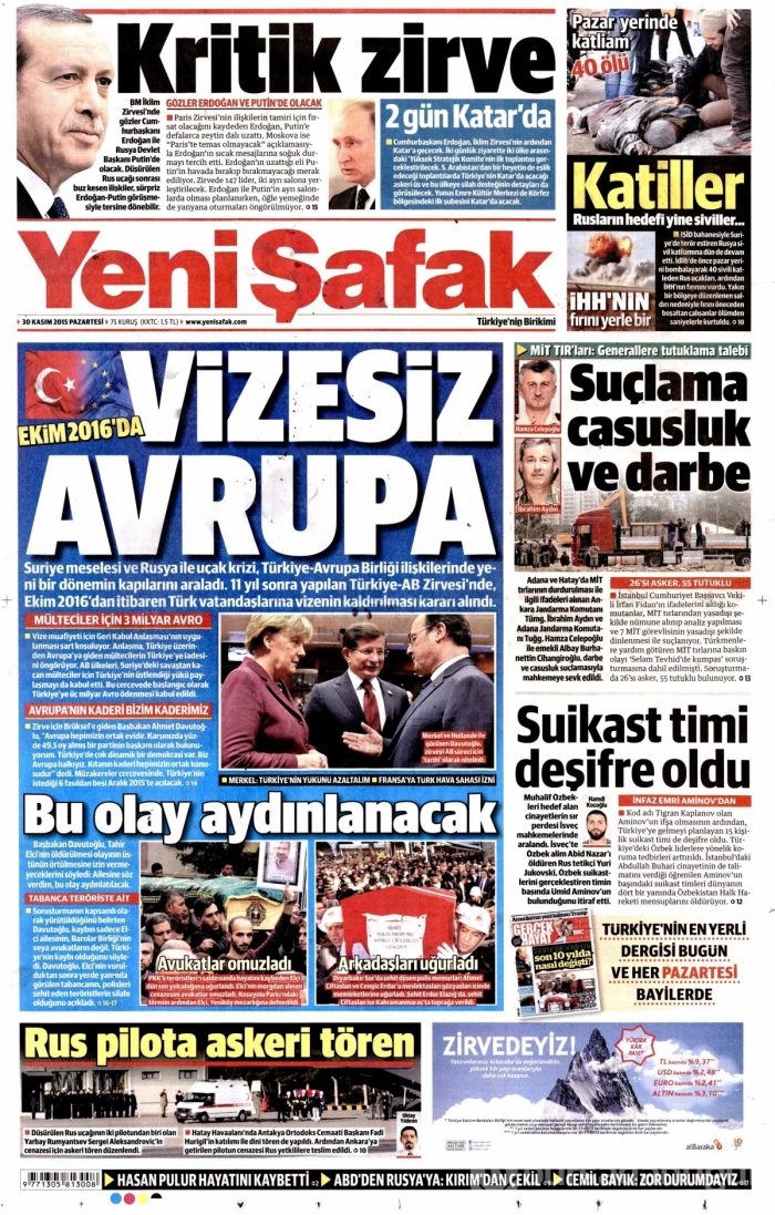 Gazete manşetleri (30 Kasım 2015)