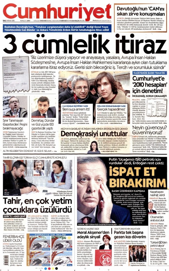 Günün gazete manşetleri (1 Aralık 2015)