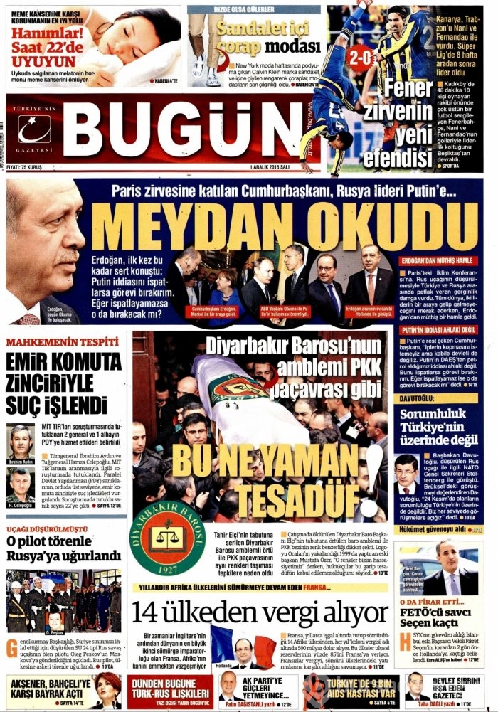 Günün gazete manşetleri (1 Aralık 2015)