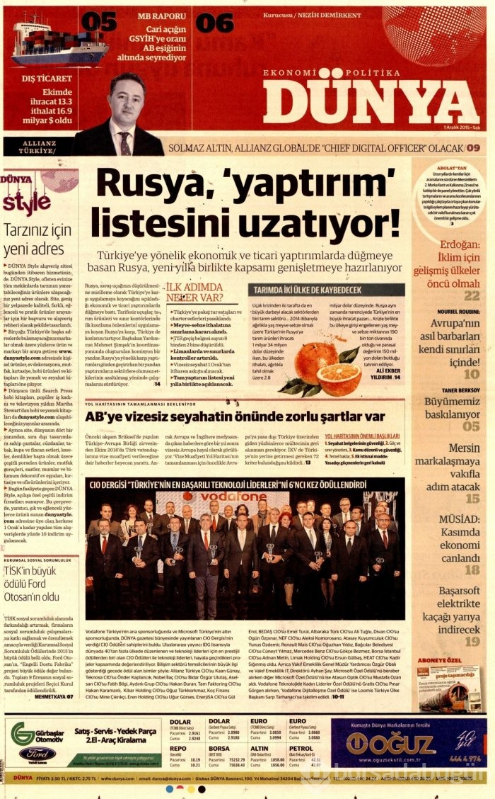 Günün gazete manşetleri (1 Aralık 2015)