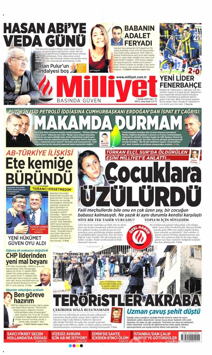 Günün gazete manşetleri (1 Aralık 2015)