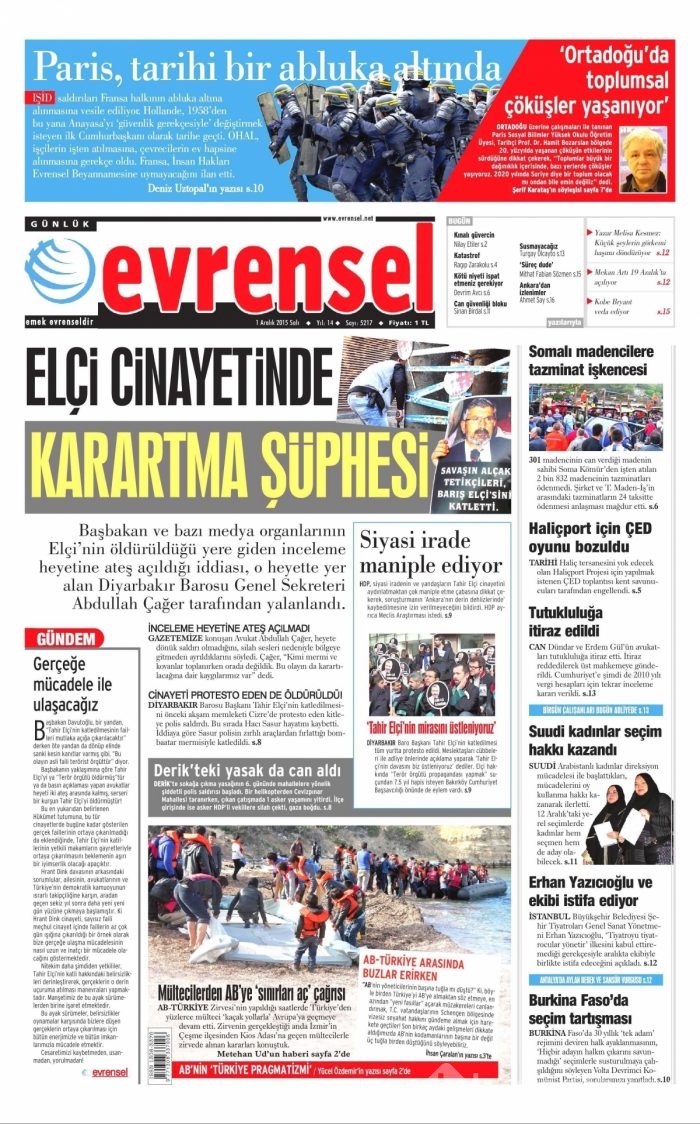 Günün gazete manşetleri (1 Aralık 2015)
