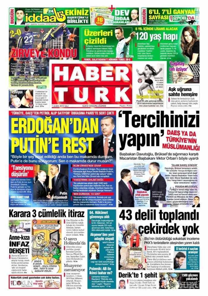 Günün gazete manşetleri (1 Aralık 2015)
