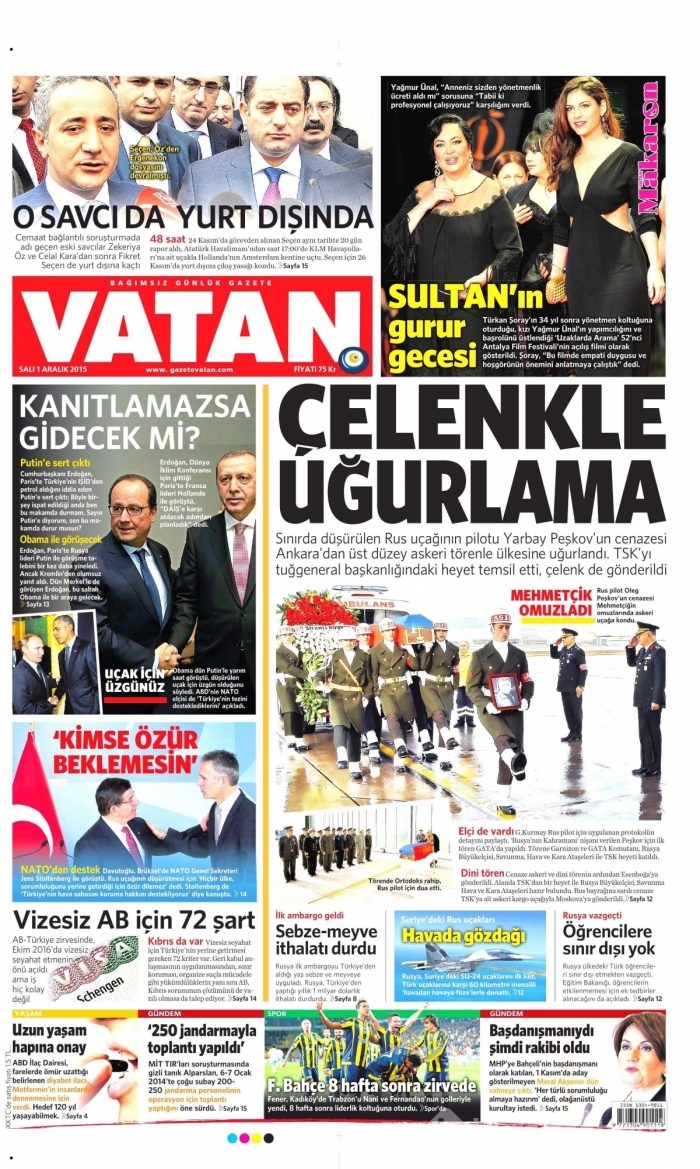 Günün gazete manşetleri (1 Aralık 2015)