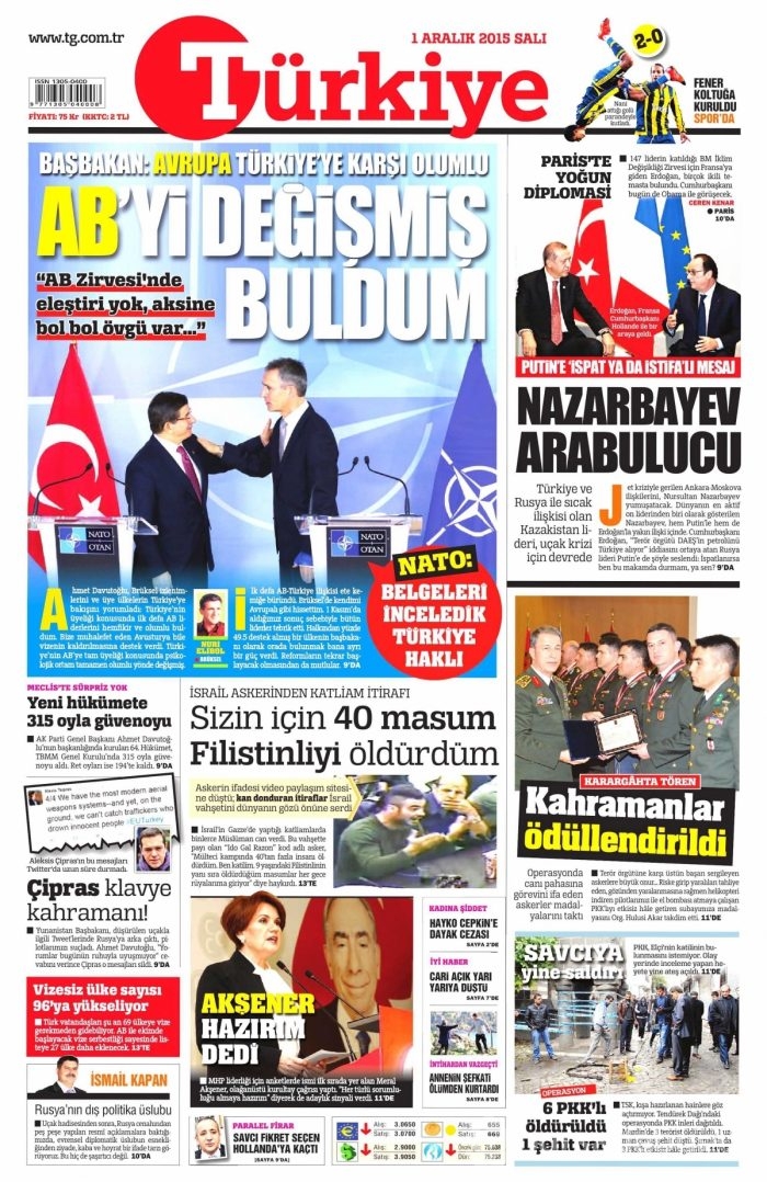 Günün gazete manşetleri (1 Aralık 2015)