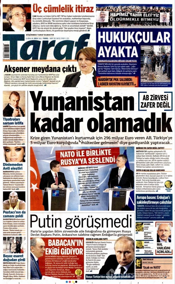 Günün gazete manşetleri (1 Aralık 2015)