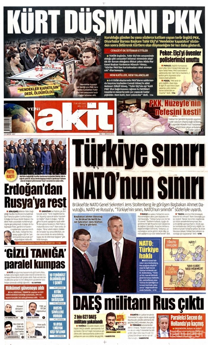 Günün gazete manşetleri (1 Aralık 2015)