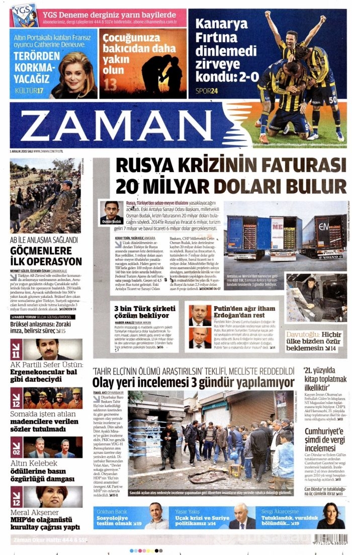 Günün gazete manşetleri (1 Aralık 2015)